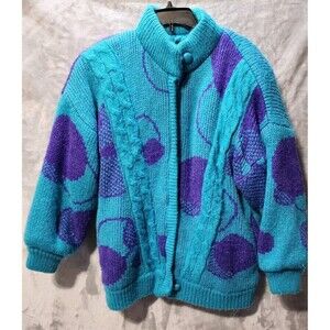 Fleet Street Knit Sweater Jacket Women's M Teal/Purple Heavy Vintage 80s
